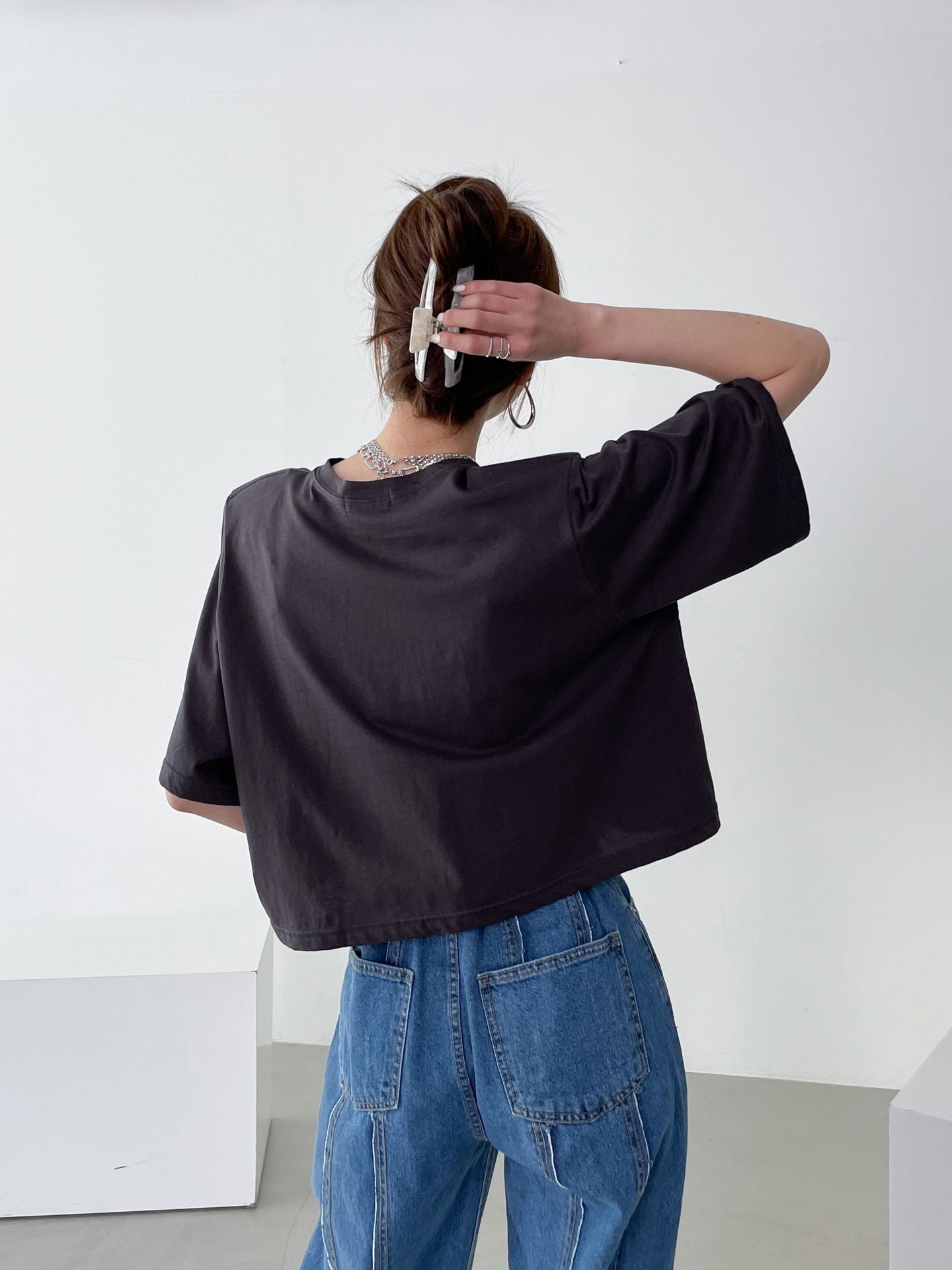 Washed Cotton Pad Crop Tee - K-FASHION