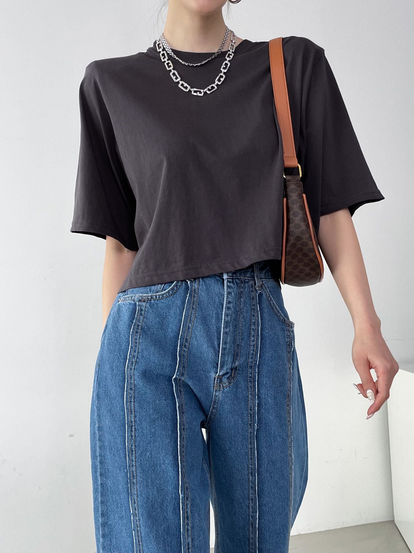 Washed Cotton Pad Crop Tee - K-FASHION