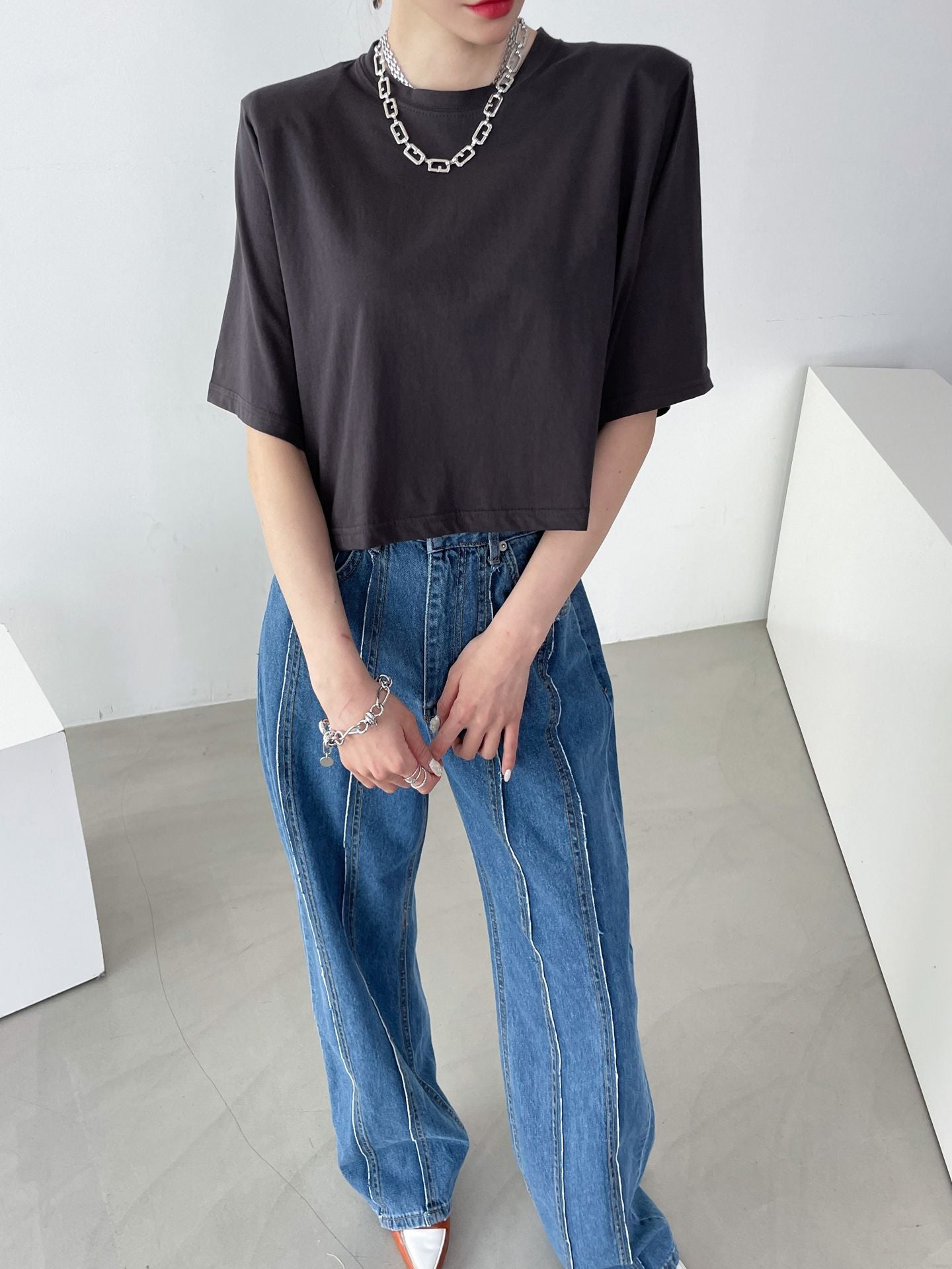 Washed Cotton Pad Crop Tee - K-FASHION