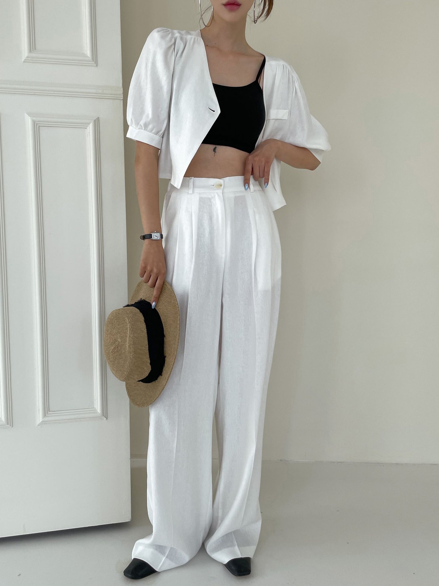 Summer Wave Pintuck Linen Wide Slacks